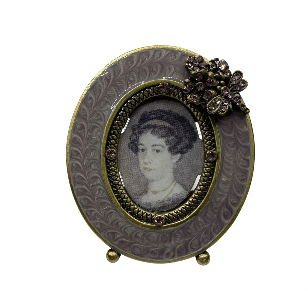 Two's Company Oval Picture Frame Purple Enamel Gold Tone Rhinestone Butterfly